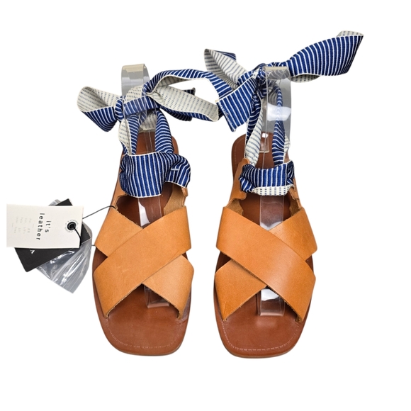 Shoes - Zara Womens Burgundy Blue Ribbon Lace Up Tan Leather Sandals Size 7 / EU 37 NWT